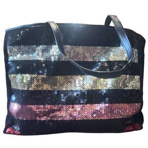 Victoria’s Secret XL Sequin Stripe Tote Bag Black Oversized Canvas Red Pink Y2K